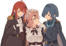  3girls alternate_costume animal_ears blue_hair cape colored_inner_hair commentary elizabeth_rose_bloodflame girl_sandwich gloves highres holojustice hololive hololive_english maid maid_headdress mayonaga_coffee military_uniform multicolored_hair multiple_girls ouro_kronii panther_ears panther_girl pink_hair raora_panthera red_hair sandwiched smile streaked_hair white_background white_gloves white_hair white_streaks yuri 