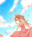  aerith_gainsborough braid brown_hair choker final_fantasy final_fantasy_vii green_eyes hair_ribbon long_hair petals ponytail ribbon single_braid solo 