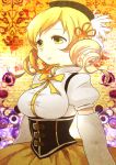  bad_id beret blonde_hair breasts corset detached_sleeves drill_hair gpnet hair_ornament hat large_breasts magical_girl mahou_shoujo_madoka_magica pleated_skirt puffy_sleeves skirt solo taut_shirt tomoe_mami yellow_eyes 