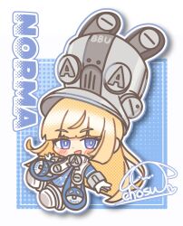  1girl blonde_hair blue_background blue_jacket blush character_name chibi chibi_only gloves grey_hat grey_helmet hat helmet highres jacket large_hat lilychosu long_hair looking_at_viewer norma_hollowell open_mouth shako_cap signature simple_background solo very_long_hair violet_eyes white_background white_gloves zenless_zone_zero 