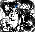  bikini_top black_rock_shooter black_rock_shooter_(character) breasts chain chains checkered checkered_floor eyepatch glowing glowing_eye jacket large_breasts long_hair monochrome potion_(artist) potion_(moudamepo) scar shorts twintails weapon 