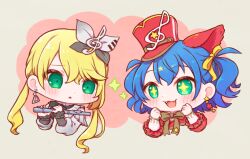  +_+ 25-ji_rin 2girls :3 :d :o alternate_hair_length_(shorter) blonde_hair blue_hair blush bow bowtie brown_bow brown_bowtie chibi chibi_only commentary_request cropped_torso dot_nose earrings fangs flute green_eyes grey_ribbon grey_shirt hair_between_eyes hair_ornament hair_ribbon hands_up hat hatsune_miku holding holding_flute holding_instrument instrument jewelry kagamine_rin long_hair long_sleeves multiple_girls musical_note musical_note_hair_ornament official_alternate_costume open_mouth oyasumirakko pink_background project_sekai red_hat red_shirt ribbon sekai_ni_hibike!_your_song_(project_sekai) shirt short_hair smile twintails two_side_up vocaloid wonderlands_x_showtime_miku 