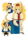  alice_margatroid animal_ears bad_id blonde_hair blue_eyes bow capelet cat_ears cat_tail embarrassed fang glaring hair_bow hair_over_one_eye hairband highres kemonomimi_mode matching_shanghai shanghai shanghai_doll short_hair sitting solo sweatdrop tail touhou tyaka wavy_mouth 