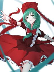 1girl bikini bow commentary_request dress frilled_dress frilled_ribbon frills front-tie_bikini_top front-tie_top front_ponytail green_eyes green_hair highres japanese_text kagiyama_hina monkey_ears monkey_girl nano_popo02 puffy_short_sleeves puffy_sleeves red_bow red_dress red_ribbon ribbon short_sleeves solo swimsuit touhou white_background wrist_ribbon