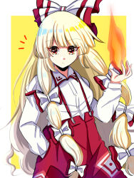  1girl blonde_hair bow buttons closed_mouth collared_shirt commentary copyright_notice fire fujiwara_no_mokou hair_bow hand_in_pocket highres kuronon long_hair long_sleeves multiple_hair_bows pants red_eyes red_pants shirt solo suspender_pants touhou two-tone_bow very_long_hair white_bow white_shirt yellow_background 