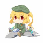  1girl airplane animated animated_gif blinking blonde_hair boots camouflage chibi eiri_(eirri) f-15 fang fighter_jet flandre_scarlet hat jet military mounting open_mouth red_eyes side_ponytail simple_background sitting solo straddle touhou wings 