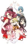  akemi_homura black_hair blonde_hair blue_hair blush closed_eyes eyes_closed flower kaname_madoka kurot kyubey kyuubee lily_(flower) magical_girl mahou_shoujo_madoka_magica miki_sayaka multiple_girls pink_hair ponytail red_hair red_rose redhead rose sakura_kyouko shoe_ribbon shoes simple_background smile tomoe_mami 