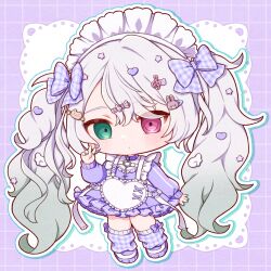  1girl 25-ji_miku apron blush bow chibi chibi_only closed_mouth commentary_request dot_nose dress enmaided full_body gingham_bow gingham_socks green_eyes green_nails grey_hair grid_background hair_between_eyes hair_bow hand_up hatsune_miku heterochromia highres jersey_maid long_hair long_sleeves looking_at_viewer maid maid_headdress nail_polish outline oyasumirakko project_sekai purple_background purple_bow purple_dress purple_shoes purple_socks red_eyes shoes socks solo standing twintails unconventional_maid v very_long_hair vocaloid white_apron white_outline 