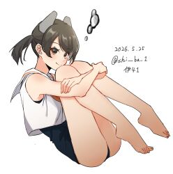  1girl barefoot black_hair black_one-piece_swimsuit dated headgear highres hugging_own_legs i-41_(kancolle) kantai_collection low_ponytail one-hour_drawing_challenge one-piece_swimsuit ponytail sailor_collar sailor_shirt shi_ba_1 shirt simple_background sleeveless sleeveless_shirt solo swimsuit twitter_username white_background white_sailor_collar white_shirt 
