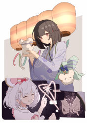 1girl 1other absurdres animal animal_bag animal_ears bag black_hair blue_kimono braid closed_eyes commentary_request fake_animal_ears fireworks granblue_fantasy grey_hair grin hair_ornament hairband hairclip half_up_braid highres holding holding_animal holding_fireworks interlocked_fingers japanese_clothes kimono lantern long_sleeves mouse_(animal) multiple_views obi paper_lantern pigking_luneth red_eyes sash short_hair shoulder_bag sleeveless sleeveless_kimono smile sparkler vikala_(granblue_fantasy) vikala_(summer)_(granblue_fantasy) vikala_(yukata)_(granblue_fantasy) white_kimono 