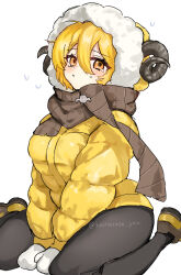  1girl black_pantyhose blonde_hair blush brown_horns brown_scarf brown_shoes commentary_request curved_horns don_quixote_(project_moon) double-parted_bangs down_jacket full_body fur-trimmed_hood fur_trim hair_between_eyes heishou_pack-wei_branch_(identity)_(project_moon) highres hood hood_up hooded_jacket horns jacket limbus_company looking_at_viewer mittens pantyhose parted_lips project_moon ro/ku scarf sheep_horns shoes short_hair simple_background sitting solo sweatdrop tearing_up twitter_username wariza white_background white_mittens yellow_eyes yellow_jacket 