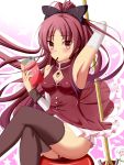  apple arm_up armpits arms_up blush crossed_legs eating fay food fruit highres holding holding_apple holding_fruit kyubey kyuubee long_hair mahou_shoujo_madoka_magica mouth_hold pocky ponytail red_eyes red_hair redhead sakura_kyouko sitting solo star thighhighs 