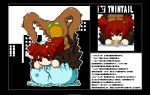  building chibi city egg hair_ornament kaijuu multiple_tails no_nose ohanabatake_run personification red_eyes red_hair redhead rock short_twintails tail text twin_tail_(kaijuu) twintails ultra_series upside-down whip 