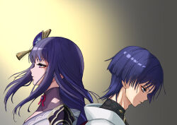 1boy 1girl adam's_apple back-to-back black_bodysuit blue_pupils blunt_ends bodysuit braid closed_mouth commentary_request eyelashes eyeliner fan_hair_ornament flower from_side genshin_impact gradient_background hair_flower hair_ornament japanese_clothes kimono long_hair looking_to_the_side low-braided_long_hair low-tied_long_hair makeup mother_and_child mother_and_son multicolored_hair parent_and_child pink_eyes profile purple_hair purple_kimono purple_shrug raiden_shogun red_eyeliner sanpaku scaramouche_(genshin_impact) shrug_(clothing) single_sode streaked_hair tassel tassel_hair_ornament tsurime turtleneck turtleneck_bodysuit user_kndz7833 violet_eyes wanderer_(genshin_impact) white_kimono wispy_bangs 