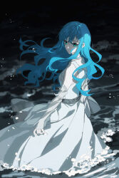  1girl amazuki_jou aqua_eyes blue_hair closed_mouth detached_sleeves dress expressionless highres long_hair looking_at_viewer looking_back mahou_sekai_no_uketsukejou_ni_naritai_desu nanalie_persephone_hel solo standing water white_dress 