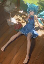  1girl absurdres barefoot blue_bow blue_dress blue_eyes blue_hair blue_wings bow cirno commentary crystal_wings dress electric_fan food fruit hair_bow highres indoors on_floor open_mouth short_hair shorts shorts_under_skirt sitting sleeveless sleeveless_dress solo touhou untranslatable_commentary verniy_(tony52911856) watermelon white_shorts wings 