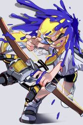  1girl bike_shorts bow_(weapon) commentary_request eyebrow_cut highres holding holding_bow_(weapon) holding_weapon ink inkling inkling_girl inkling_player_character kokokashira_(koko_ni_iru) long_hair one_eye_closed paint shirt shoes solo splatoon_(series) splatoon_3 standing standing_on_one_leg tentacle_hair tri-stringer_(splatoon) weapon white_shirt yellow_eyes 
