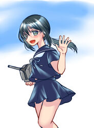  1girl adapted_turret black_hair blue_sailor_collar blue_serafuku blue_shirt blue_skirt commentary_request fubuki_(kancolle) fubuki_kai_san_(kancolle) green_eyes izumi_shara kantai_collection long_hair looking_at_viewer low_ponytail neckerchief pleated_skirt ponytail sailor_collar sailor_shirt school_uniform serafuku shirt skirt smile solo waving white_neckerchief 