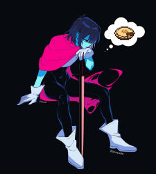  1other apple_pie armor black_background black_unitard blue_hair blue_skin bodysuit boots cape closed_mouth colored_skin commentary deltanoodle deltarune english_commentary food gloves hair_over_one_eye highres holding holding_sword holding_weapon kris_(dark_world)_(deltarune) kris_(deltarune) one_eye_covered other_focus pie pink_cape planted planted_sword red_eyes short_hair signature simple_background sitting sleeveless sleeveless_bodysuit solo speech_bubble sword thought_bubble twitter_username utdr_(toby_fox) weapon 