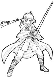  1girl baggy_clothes bob_cut cloak closed_mouth cosplay energy_sword english_commentary full_body greyscale hatching_(texture) highres holding holding_sword holding_weapon jedi kyomeihibiki lightsaber linear_hatching lineart long_sleeves looking_at_viewer monochrome senki_zesshou_symphogear short_hair signature simple_background solo standing star_wars sword tachibana_hibiki_(symphogear) tsurime twitter_username v-shaped_eyebrows weapon white_background wide_sleeves 