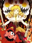  bad_id beret blonde_hair butterfly charlotte_(madoka_magica) corset drill_hair fang fingerless_gloves flower gloves gun hat magical_musket mahou_shoujo_madoka_magica mami_mogu_mogu masui open_mouth outstretched_arms outstretched_hand puffy_sleeves rifle smile thighhighs tomoe_mami weapon witch&#039;s_labyrinth witch's_labyrinth yellow_eyes 
