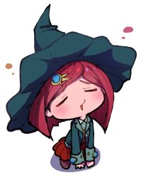  1girl black_hat black_jacket collared_shirt commentary_request danganronpa_(series) danganronpa_v3:_killing_harmony hair_ornament hat highres jacket long_sleeves open_mouth pleated_skirt red_hair shirt short_hair simple_background skirt witch_hat youko-shima yumeno_himiko 