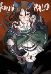  1girl absurdres black_gloves black_thighhighs brown_hair character_name commentary_request dirty dirty_clothes dirty_face dress ear_covers gloves highres horse_girl king_halo_(king_of_emeralds)_(umamusume) king_halo_(umamusume) looking_at_viewer mg_(_dokan_) red_background red_eyes solo sweat thigh-highs umamusume walking white_dress 