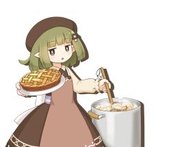  1girl apron bow brown_apron brown_dress brown_eyes brown_hat commentary_request dress food food-themed_hair_ornament green_hair hair_ornament hat highres holding holding_ladle holding_tray jitome kitagawa_suigetsu ladle looking_at_viewer mushroom_hair_ornament open_mouth original pie pointy_ears shirt sienit_(kitagawa_suigetsu) solo stock_pot tray waist_bow white_background white_bow white_shirt 
