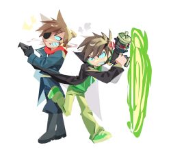  2boys anger_vein angry antenna_hair beard_stubble black_boots black_coat black_gloves blue_coat blue_pants boots brown_hair burn_scar cigar clenched_teeth coat commentary deformed drawstring edd_(eddsworld) eddsworld energy_gun eye_contact eyepatch facial_hair full_body future_edd_(eddsworld) gloves green_hoodie green_pants green_shoes grin hair_behind_ear hair_ears highres holding holding_energy_gun holding_weapon hood hood_down hoodie jitome long_sleeves looking_at_another male_focus military_coat military_uniform multiple_boys no_lineart open_clothes open_coat pants portal_(object) red_hoodie red_leader_(eddsworld) scar shoes short_hair simple_background smile smoking sneakers spoilers standing standing_on_one_leg stubble swept_bangs teeth tord_(eddsworld) trench_coat v-shaped_eyes weapon white_background xuxmo 