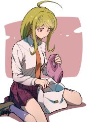  1girl absurdres ahoge akamatsu_kaede bag breasts collared_shirt commentary_request danganronpa_(series) danganronpa_v3:_killing_harmony hair_ornament highres holding holding_unworn_clothes kneehighs large_breasts long_hair miniskirt musical_note musical_note_hair_ornament musical_note_print necktie open_bag orange_necktie pink_background red_skirt shirt skirt socks solo white_background white_shirt youko-shima 