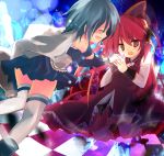  bad_id bare_shoulders blue_hair bow cape hair_bow hota_aoi magical_girl mahou_shoujo_madoka_magica miki_sayaka multiple_girls ponytail red_eyes red_hair redhead sakura_kyouko smile spoilers tears thigh-highs thighhighs white_legwear white_thighhighs 