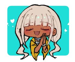  1girl :d absurdres blunt_bangs closed_eyes commentary_request danganronpa_(series) danganronpa_v3:_killing_harmony dark-skinned_female dark_skin green_background heart highres jacket jewelry long_hair long_sleeves necklace open_mouth own_hands_together skirt smile twintails white_background wide_sleeves yonaga_angie youko-shima 