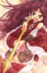  bare_shoulders black_legwear blurry bow commentary commentary_request depth_of_field detached_sleeves endou_(hot_handle) fang hair_bow long_hair magical_girl mahou_shoujo_madoka_magica open_mouth polearm ponytail red_eyes red_hair redhead sakura_kyouko solo spear tears thighhighs weapon 