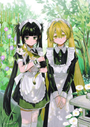  2girls absurdres animal apron black_dress black_hair blonde_hair blunt_bangs buttons calico_(pattern) calico_cat cat closed_mouth commentary_request cropped_legs day dot_nose dress flower frilled_wrist_cuffs frills green_eyes hair_intakes highres holding holding_animal holding_cat iwonu kneehighs long_hair looking_at_viewer maid maid_headdress morning_glory multiple_girls original outdoors own_hands_together puffy_short_sleeves puffy_sleeves purple_flower short_sleeves signature socks standing stone_lantern thick_eyebrows tree trellis twintails v_arms very_long_hair white_apron white_flower white_socks wrist_cuffs yellow_eyes 