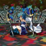  bare_shoulders blue_eyes blue_hair boots cape cometch magical_girl mahou_shoujo_madoka_magica miki_sayaka short_hair sitting sword thighhighs weapon witch&#039;s_labyrinth witch's_labyrinth 