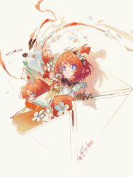  absurdres black_gloves blue_eyes chinese_commentary commentary_request cross-shaped_pupils dress flower furioso gloves hair_flower hair_ornament highres honkai:_star_rail honkai_(series) letter looking_at_viewer pointy_ears red_hair short_hair siblings simple_background smile symbol-shaped_pupils trianne_(honkai:_star_rail) tribbie_(honkai:_star_rail) trinnon_(honkai:_star_rail) triplets white_background white_dress 