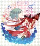  bad_id bare_shoulders black_legwear black_thighhighs blue_hair blue_rose checkered checkered_background detached_sleeves flower hair_ornament hairclip highres long_hair magical_girl mahou_shoujo_madoka_magica miki_sayaka multiple_girls musical_note open_mouth polearm ponytail red_eyes red_hair redhead rose sakura_kyouko short_hair spear tears thigh-highs thighhighs tian_daoling weapon zettai_ryouiki 
