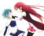  black_legwear black_thighhighs blue_hair cape closed_eyes cuts eyes_closed hagihara_riku injury long_hair magical_girl mahou_shoujo_madoka_magica miki_sayaka multiple_girls red_eyes red_hair redhead sakura_kyouko skirt thigh-highs thighhighs zettai_ryouiki 