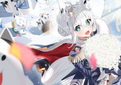  1girl :d absurdres ahoge animal_ear_piercing animal_ears aqua_eyes blue_jacket borumete bouquet braid braided_base bun_with_braided_base commentary_request crown double-parted_bangs epaulettes extra_ears falling_petals fang flower fox_ears fox_girl fox_tail fubuzilla_(shirakami_fubuki) gold_crown hair_between_eyes hair_bun highres holding holding_bouquet hololive jacket looking_at_viewer mini_crown miteiru_(shirakami_fubuki) nejima_kitsune_(shirakami_fubuki) official_alternate_costume open_mouth oruyanke_(shirakami_fubuki) pentagram petals shirakami_fubuki shirakami_fubuki_(fbkingdom) shirt short_hair side_cape skin_fang smile solo sukonbu_(shirakami_fubuki) tail tilted_headwear virtual_youtuber white_flower white_hair white_shirt 