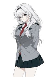  1girl asticassia_school_uniform character_request closed_mouth green_skirt grey_eyes grey_hair grey_jacket gundam gundam_suisei_no_majo highres jacket long_hair looking_at_viewer necktie red_necktie school_uniform shirt shoulder_strap simple_background skirt solo thighs ujung_7 white_background white_shirt 
