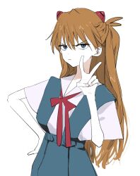  blue_eyes frown hand_on_own_hip highres long_hair looking_at_viewer needbee_r neon_genesis_evangelion orange_hair school_uniform souryuu_asuka_langley v white_background 