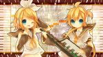  blonde_hair blue_eyes blush brother_and_sister detached_sleeves fang hair_ornament hair_ribbon hairband hairclip hand_on_headphones headphones headset highres inaresi instrument kagamine_len kagamine_rin keytar midriff necktie open_mouth ribbon short_hair shorts siblings smile twins vocaloid wink 