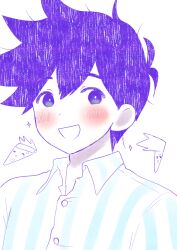  1boy :d antenna_hair arms_at_sides blue_shirt blush buttons collared_shirt colored_skin commentary double-parted_bangs food from_below hair_behind_ear hair_between_eyes hero_(headspace)_(omori) hero_(omori) looking_at_viewer looking_to_the_side male_focus omori open_mouth paper_texture pizza pizza_slice pokoponpen purple_hair raised_eyebrows shirt short_hair simple_background smile solo sparkle striped_clothes striped_shirt tareme two-tone_shirt untranslatable_commentary upper_body vertical-striped_clothes vertical-striped_shirt very_short_hair violet_eyes white_background white_shirt white_skin 