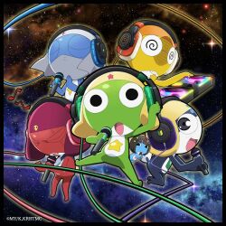  1girl 5boys album_cover alien anono_(keroro_gunsou) belt black_eyes black_hair closed_eyes copyright_name cover dororo_(keroro_gunsou) frog giroro glasses hair_ornament hat headphones highres keroro keroro_gunsou kururu_(keroro_gunsou) mask microphone mouth_mask multiple_boys ninja_mask no_humans official_art short_hair space star_(symbol) tadpole tadpole_tail tail tamama 