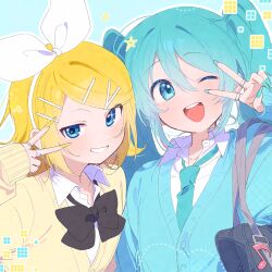 2girls ai_generated aqua_cardigan aqua_eyes aqua_hair aqua_nails aqua_necktie blonde_hair blue_eyes bow bowtie cardigan commentary hair_bow hair_ornament hairclip hatsune_miku jewelry kagamine_rin long_hair looking_at_viewer multiple_girls multiple_rings necktie nyvala one_eye_closed open_mouth parallel_hairclips ring shirt simple_background smile teeth twintails upper_teeth_only v very_long_hair vocaloid white_bow white_shirt yellow_cardigan yellow_nails