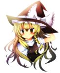 bad_id blonde_hair blush braid hand_on_hat hat kirisame_marisa long_hair multicolored_hair pasutel portrait smile solo touhou witch witch_hat yellow_eyes 