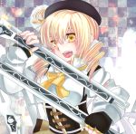  1girl beret blonde_hair bust checkered checkered_background drill_hair fingerless_gloves gloves gun hat magical_girl magical_musket mahou_shoujo_madoka_magica open_mouth puffy_sleeves rifle solo tomoe_mami weapon yellow_eyes 