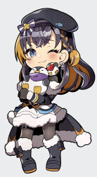  1girl :3 ;3 anchor_earrings beret bird black_boots black_cape black_gloves black_hair black_hat black_jacket black_pantyhose blonde_streaks blue_eyes blush boots bow cape closed_mouth commentary crossed_bangs earrings full_body fur-trimmed_boots fur-trimmed_skirt fur_trim gloves hat hat_bow highres jacket jewelry kei_s01 long_hair long_sleeves looking_at_viewer multicolored_hair nijisanji nijisanji_en one_eye_closed pantyhose penguin petra_gurin purple_bow simple_background skirt smile solo standing streaked_hair striped_bow virtual_youtuber white_background white_skirt 