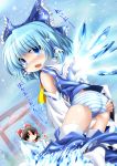  blue_eyes blue_hair blush bow brown_eyes brown_hair cirno cosplay detached_sleeves hair_bow hair_tubes hakurei_reimu hakurei_reimu_(cosplay) inyu inyucchi japanese_clothes miko panties short_hair solo striped striped_panties touhou underwear wings 