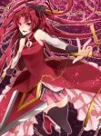  bad_id detached_sleeves highres long_hair mahou_shoujo_madoka_magica noka_(blackheart1118) outstretched_arm polearm ponytail red_eyes red_hair redhead sakura_kyouko smile solo spear thighhighs weapon 